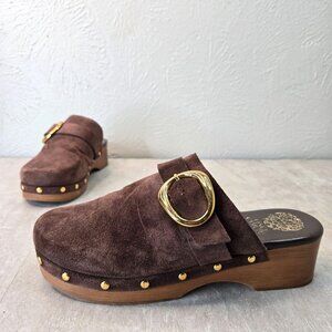 Vince Camuto Clogs Suede Brown Studded Buckle Preppy Slip On Mule Shoes Size 9